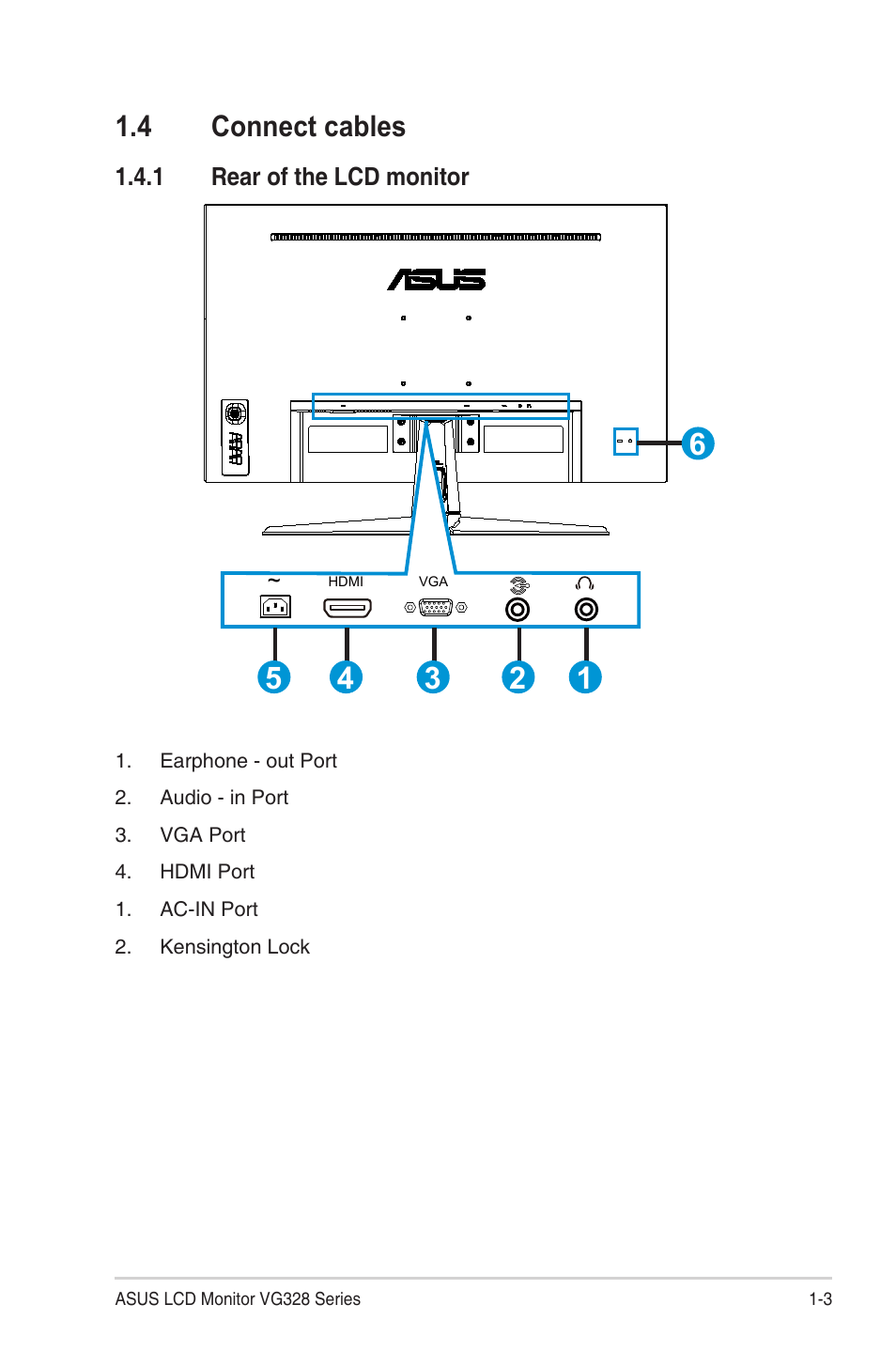 4 connect cables, 1 rear of the lcd monitor, Connect cables -3 | Rear of the lcd monitor -3 | Asus TUF Gaming VG328H1B 31.5" 16:9 Curved 165 Hz Adaptive-Sync VA Monitor User Manual | Page 10 / 25