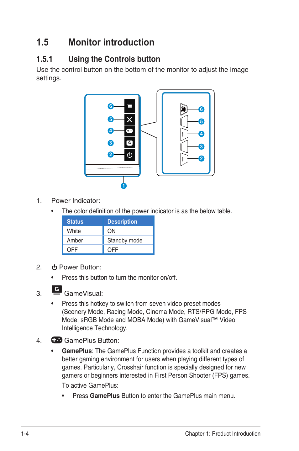 5 monitor introduction, 1 using the controls button, Monitor introduction -4 | Using the controls button -4 | Asus TUF Gaming VG328H1B 31.5" 16:9 Curved 165 Hz Adaptive-Sync VA Monitor User Manual | Page 11 / 25