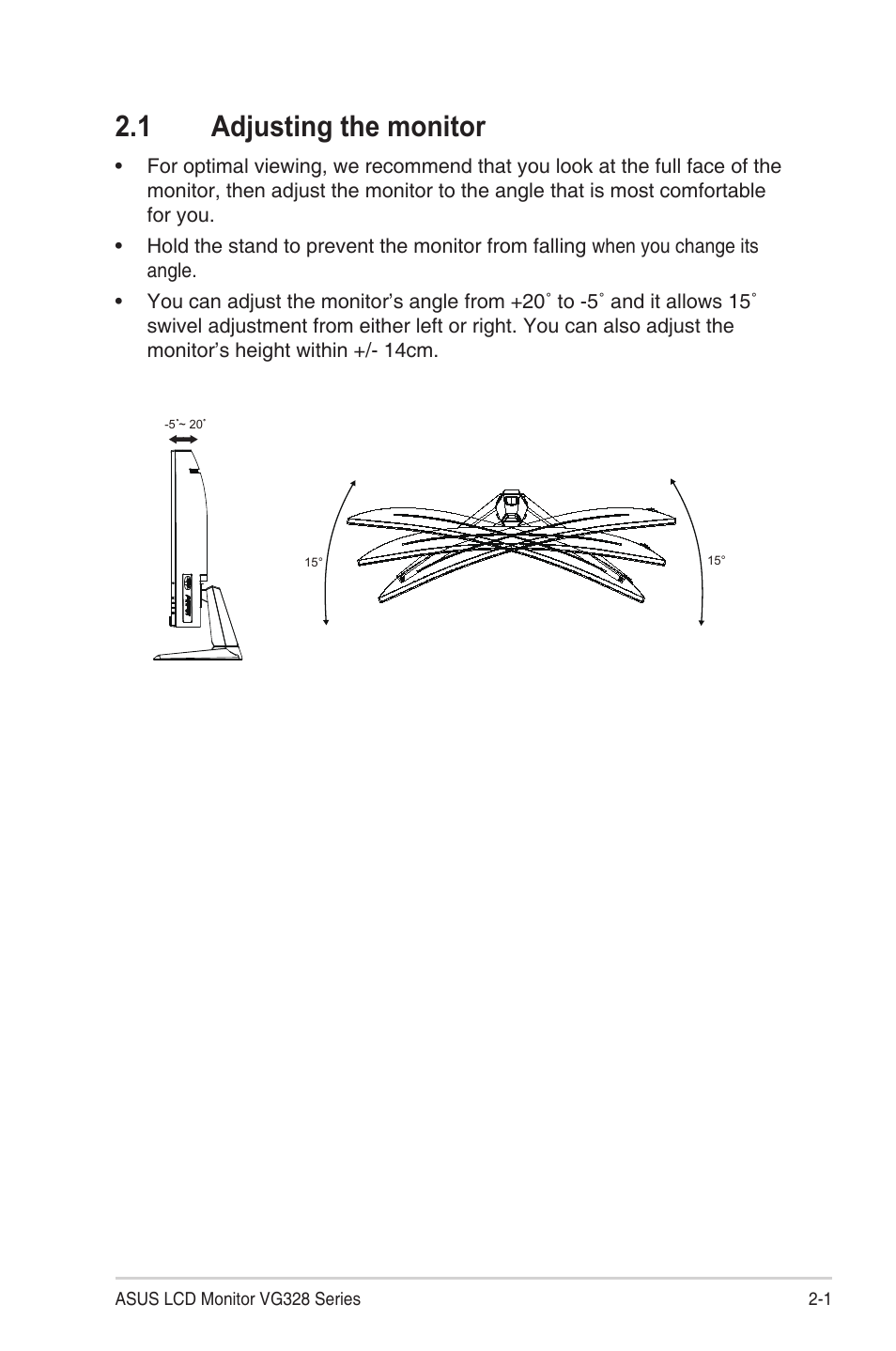 1 adjusting the monitor, Adjusting the monitor -1 | Asus TUF Gaming VG328H1B 31.5" 16:9 Curved 165 Hz Adaptive-Sync VA Monitor User Manual | Page 13 / 25