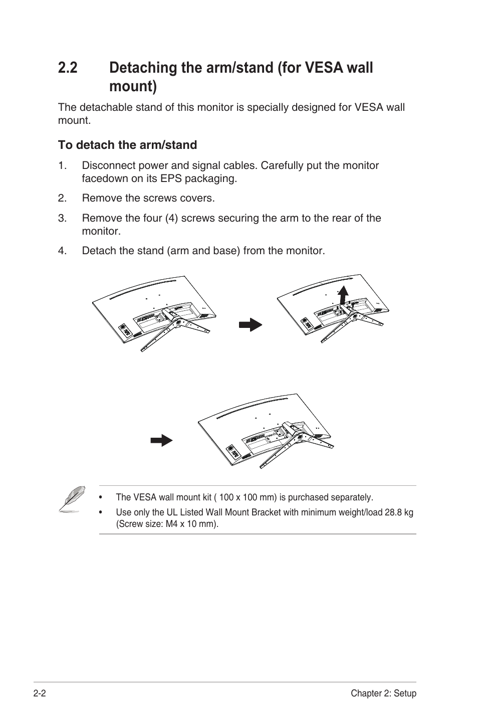 2 detaching the arm/stand (for vesa wall mount), Detaching the arm/stand (for vesa wall mount) -2 | Asus TUF Gaming VG328H1B 31.5" 16:9 Curved 165 Hz Adaptive-Sync VA Monitor User Manual | Page 14 / 25