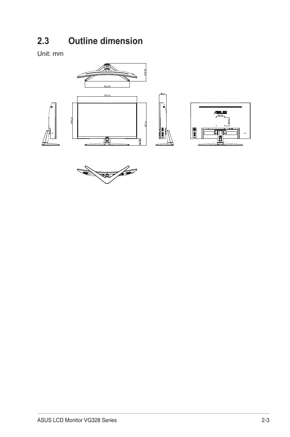 3 outline dimension, Outline dimension -3 | Asus TUF Gaming VG328H1B 31.5" 16:9 Curved 165 Hz Adaptive-Sync VA Monitor User Manual | Page 15 / 25