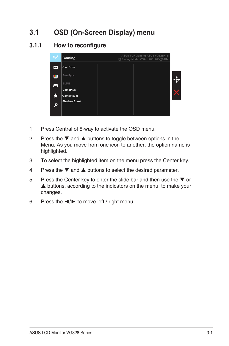 1 osd (on-screen display) menu, 1 how to reconfigure, Osd (on-screen display) menu -1 | How to reconfigure -1 | Asus TUF Gaming VG328H1B 31.5" 16:9 Curved 165 Hz Adaptive-Sync VA Monitor User Manual | Page 16 / 25