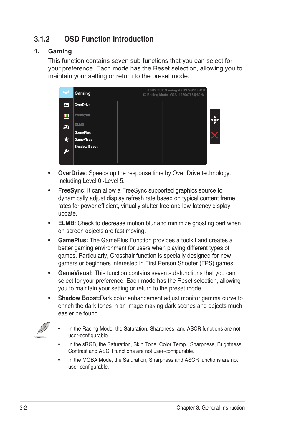 2 osd function introduction, Osd function introduction -2 | Asus TUF Gaming VG328H1B 31.5" 16:9 Curved 165 Hz Adaptive-Sync VA Monitor User Manual | Page 17 / 25