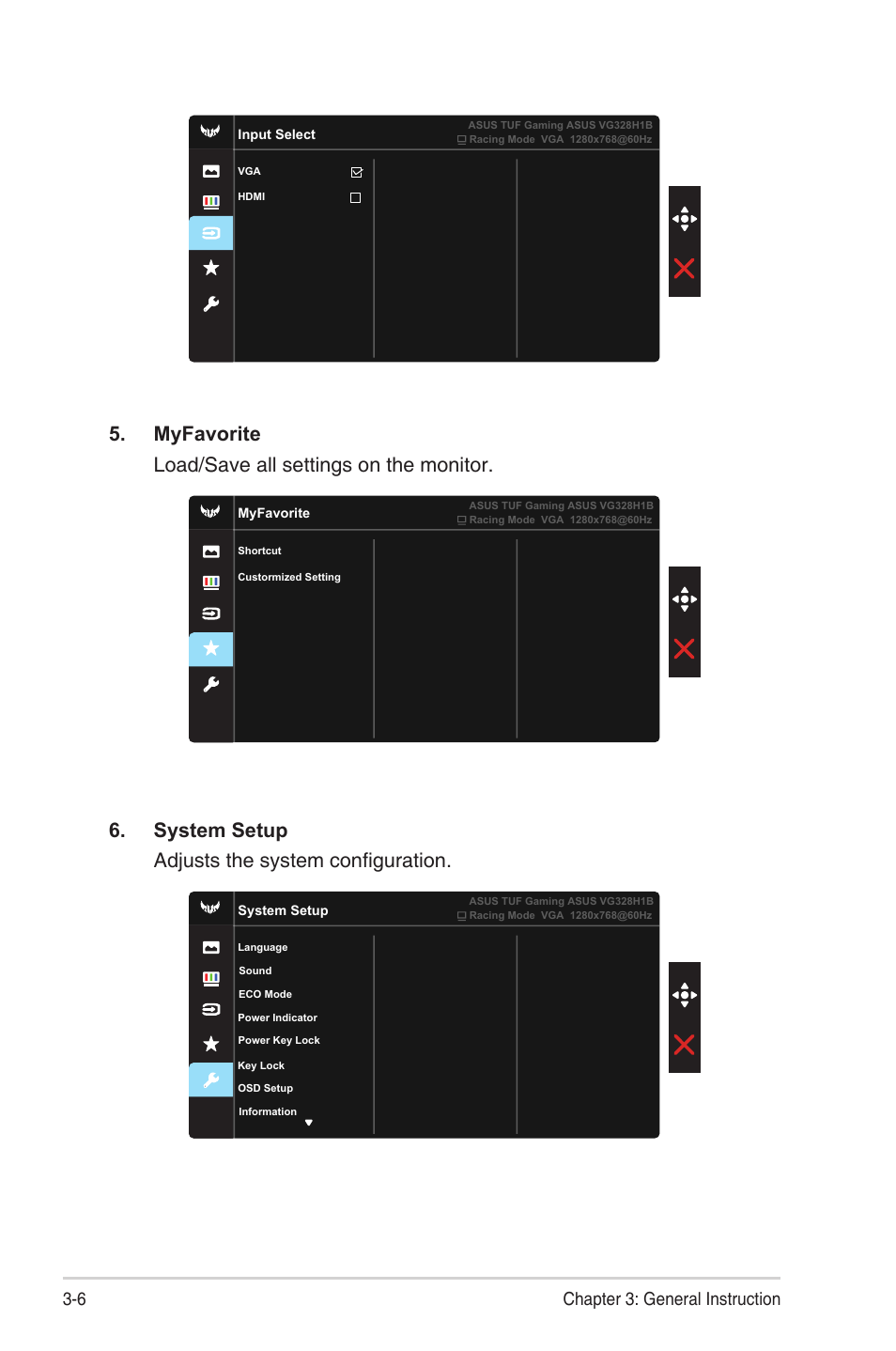 Myfavorite load/save all settings on the monitor, System setup adjusts the system configuration, 6 chapter 3: general instruction | Asus TUF Gaming VG328H1B 31.5" 16:9 Curved 165 Hz Adaptive-Sync VA Monitor User Manual | Page 21 / 25