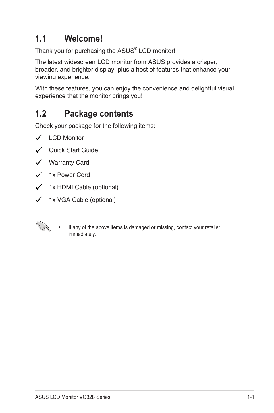 1 welcome, 2 package contents, 1 welcome! -1 1.2 | Package contents -1 | Asus TUF Gaming VG328H1B 31.5" 16:9 Curved 165 Hz Adaptive-Sync VA Monitor User Manual | Page 8 / 25