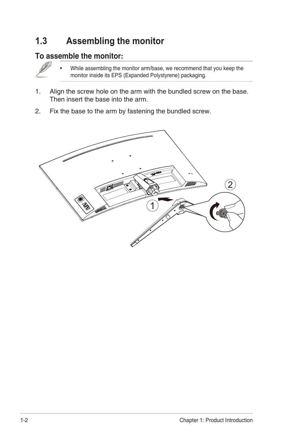 3 assembling the monitor, Assembling the monitor -2 | Asus TUF Gaming VG328H1B 31.5" 16:9 Curved 165 Hz Adaptive-Sync VA Monitor User Manual | Page 9 / 25