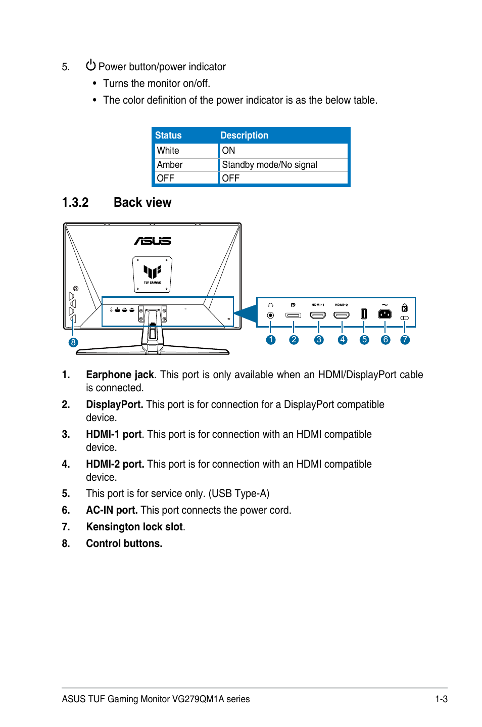 2 back view, 3 gameplus function, Back view -3 | Asus 27" TUF Gaming 280 Hz Display User Manual | Page 11 / 32