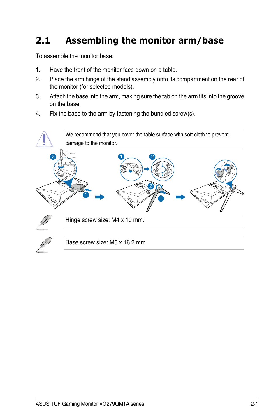 Chapter 2: setup, 1 assembling the monitor arm/base, 2 adjusting the monitor | Assembling the monitor arm/base -1 | Asus 27" TUF Gaming 280 Hz Display User Manual | Page 13 / 32