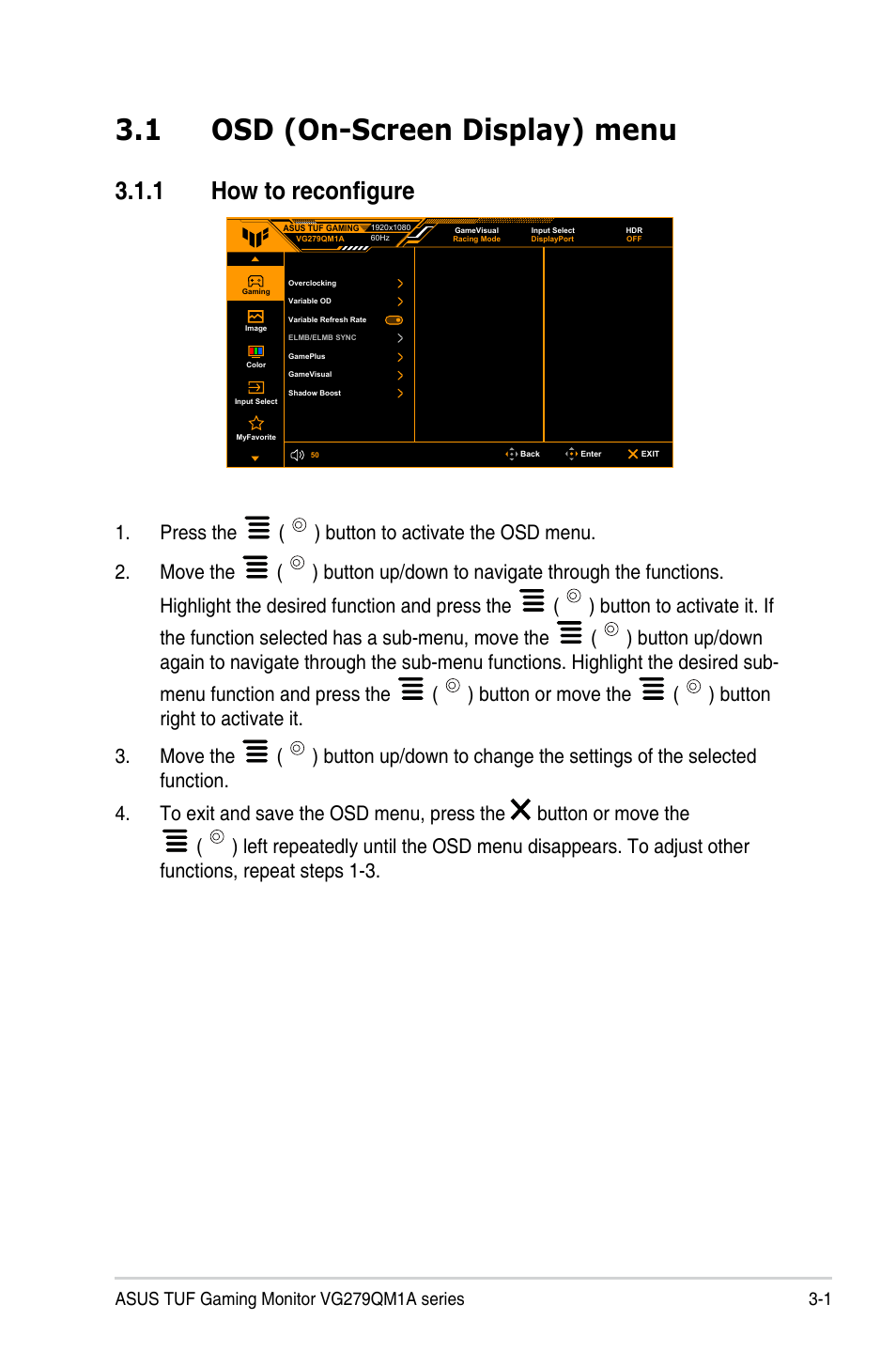 Chapter 3: general instructions, 1 osd (on-screen display) menu, 1 how to reconfigure | 2 osd function introduction, Osd (on-screen display) menu -1, How to reconfigure | Asus 27" TUF Gaming 280 Hz Display User Manual | Page 19 / 32