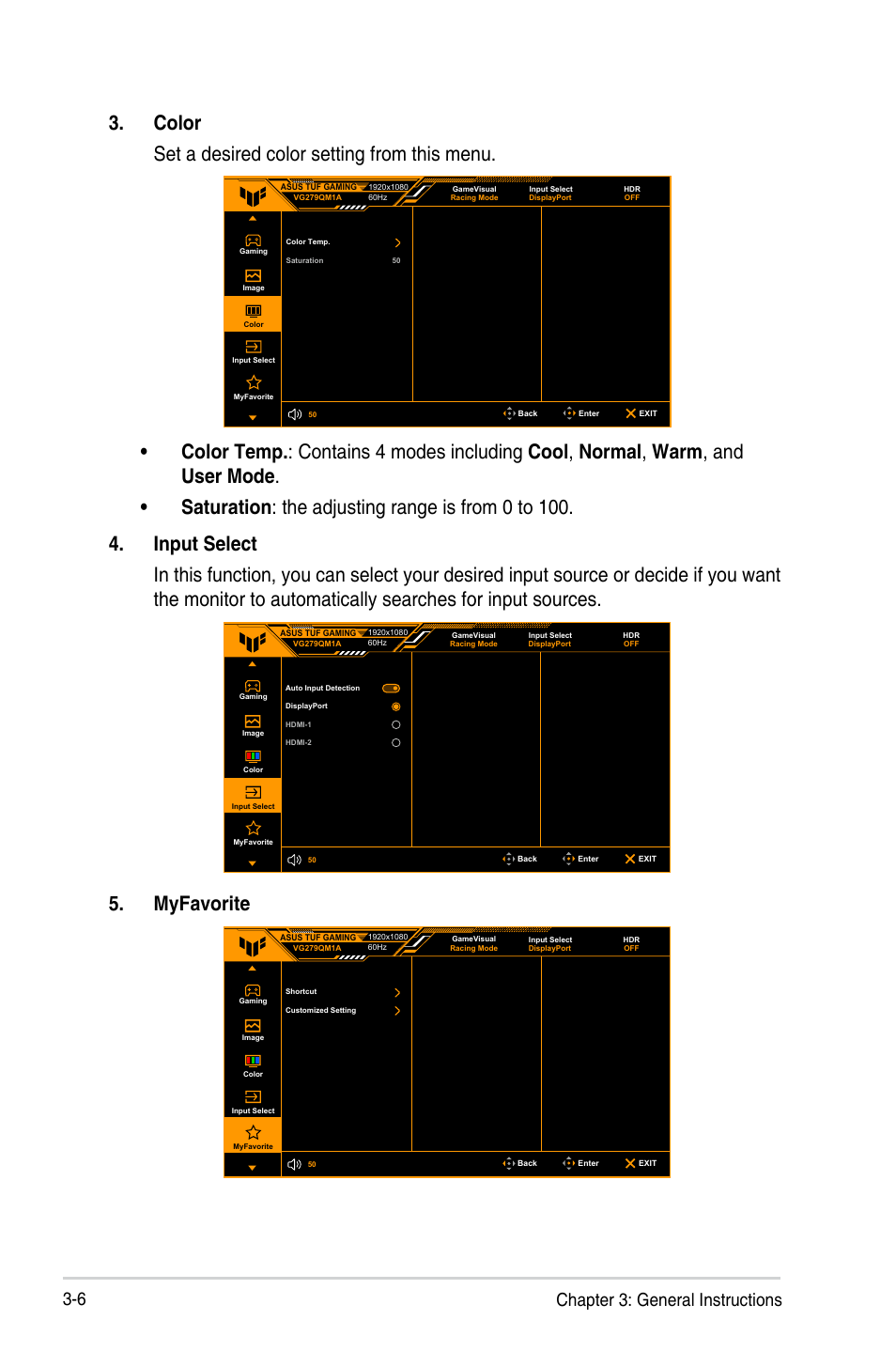 Color set a desired color setting from this menu, Myfavorite, 6 chapter 3: general instructions | Asus 27" TUF Gaming 280 Hz Display User Manual | Page 24 / 32