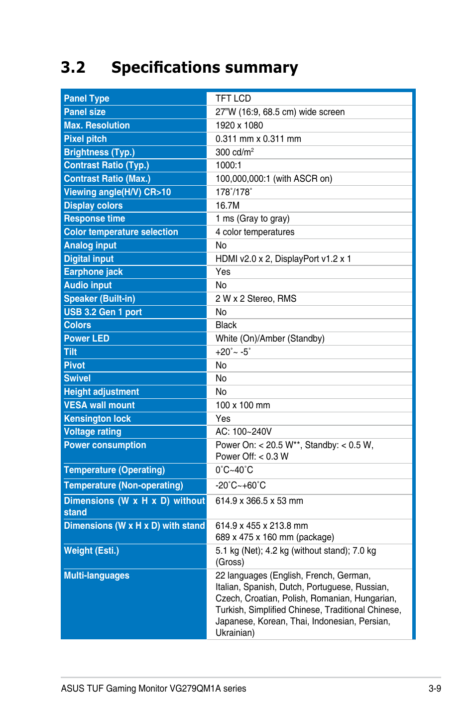 2 specifications summary, Specifications summary | Asus 27" TUF Gaming 280 Hz Display User Manual | Page 27 / 32