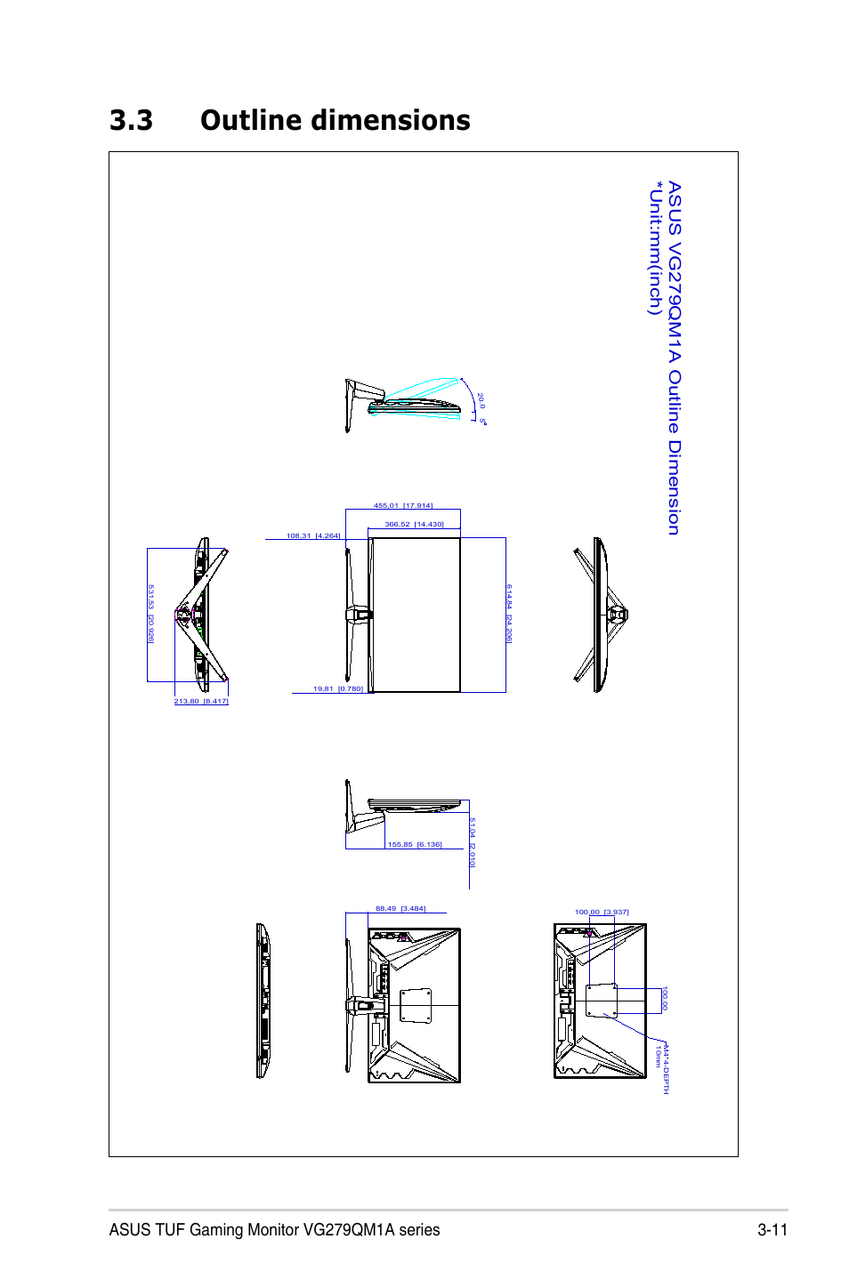 3 outline dimensions, Outline dimensions -11, Asus vg279qm1a outline dimension *unit:mm(inch) | Asus 27" TUF Gaming 280 Hz Display User Manual | Page 29 / 32