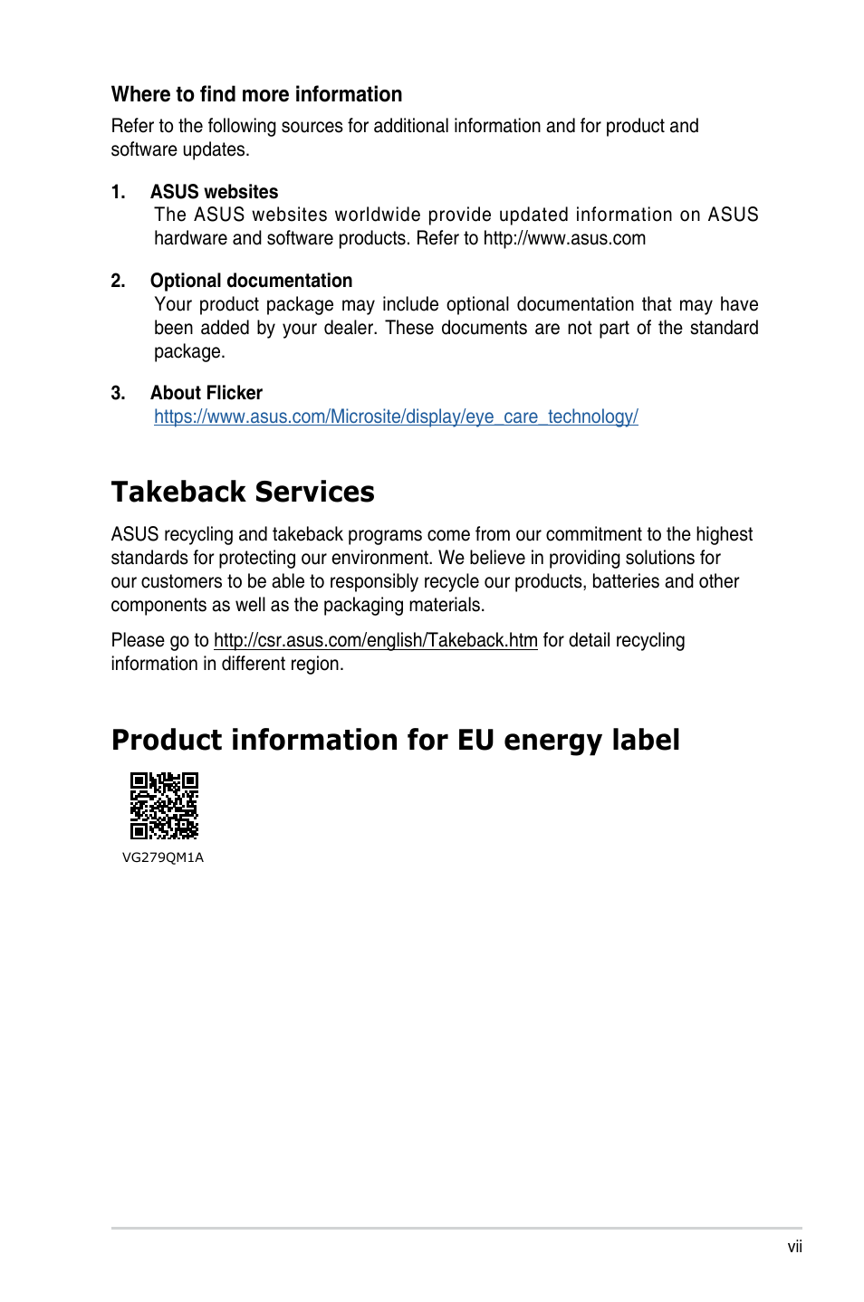 Takeback services, Product information for eu energy label | Asus 27" TUF Gaming 280 Hz Display User Manual | Page 7 / 32