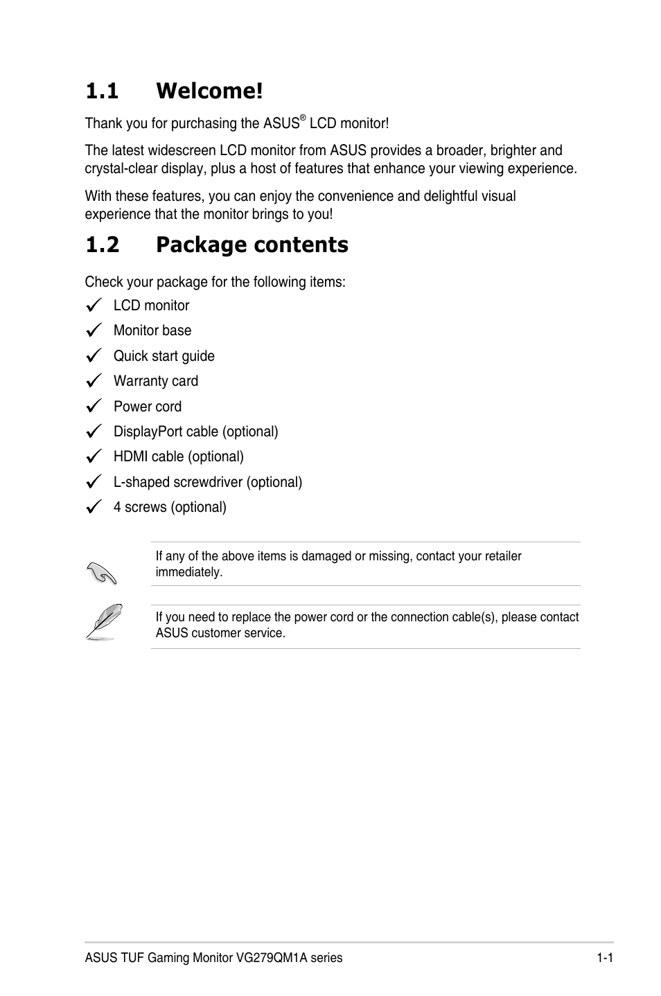 Chapter 1: product introduction, 1 welcome, 2 package contents | Welcome! -1, Package contents -1 | Asus 27" TUF Gaming 280 Hz Display User Manual | Page 9 / 32