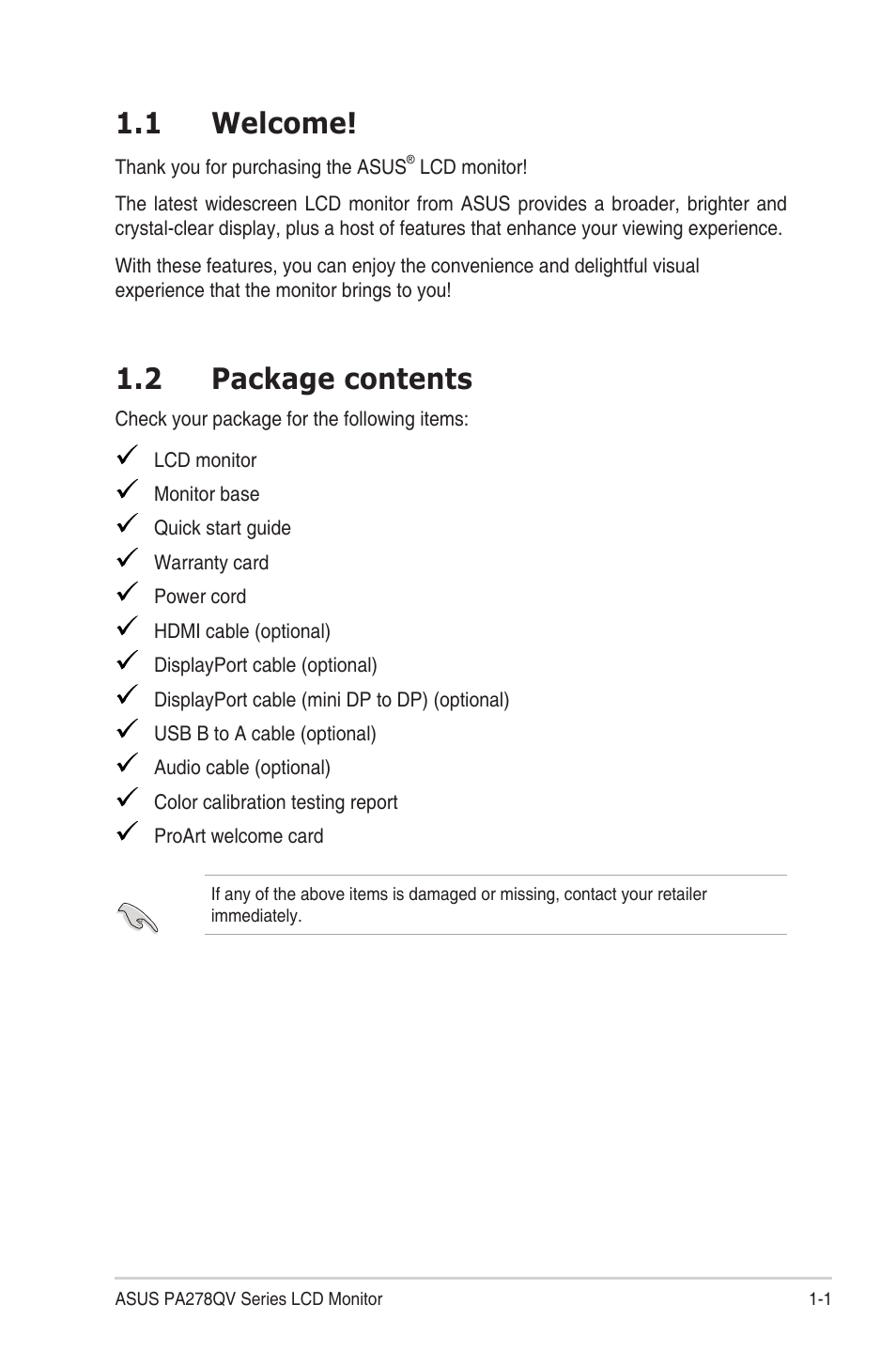 Chapter 1: product introduction, 1 welcome, 2 package contents | Chapter.1:.....product.introduction, Welcome! -1, Package.contents -1 | Asus ProArt Display PA278QV 27" 16:9 Adaptive-Sync IPS Monitor User Manual | Page 11 / 33