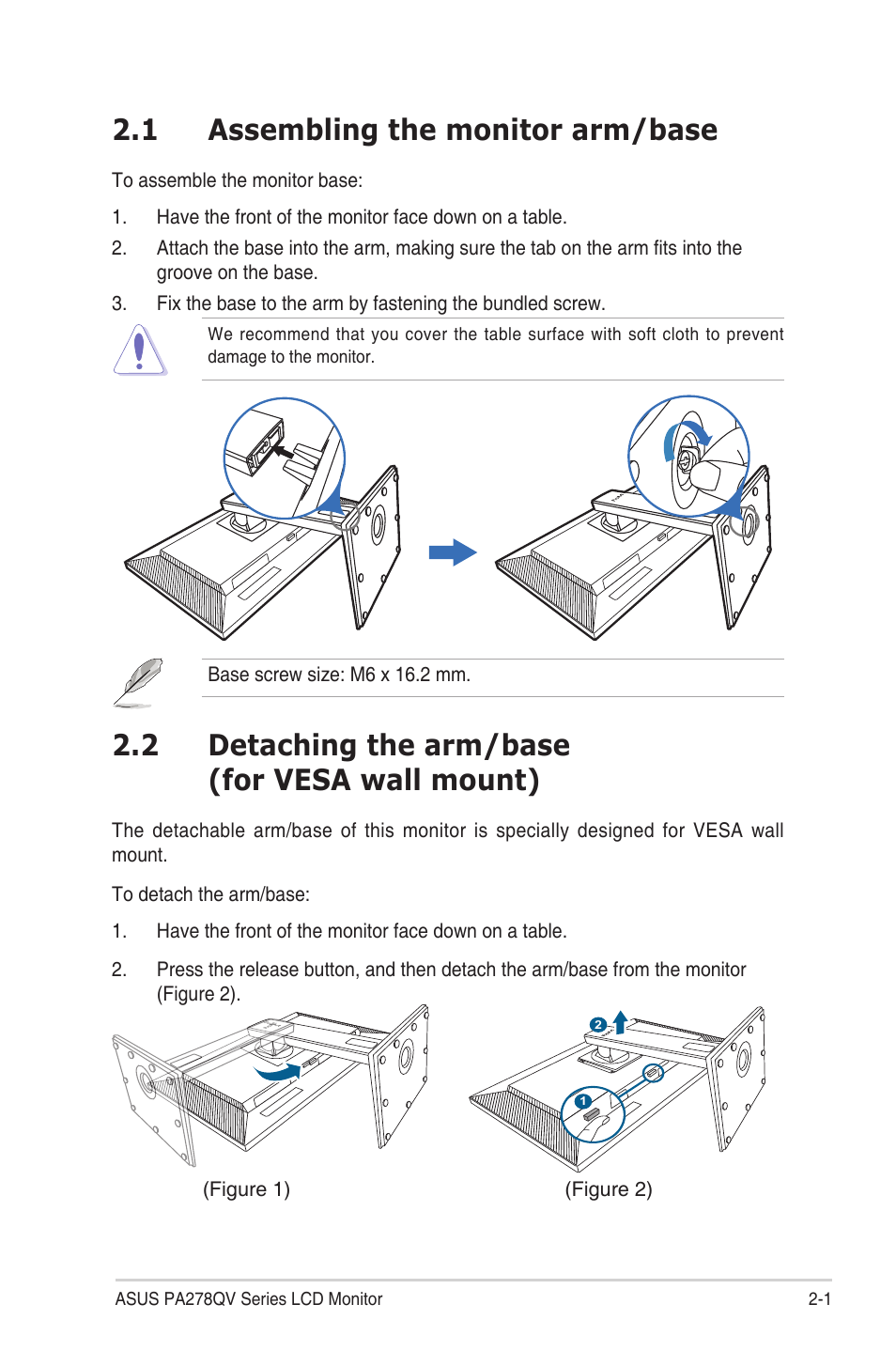 Chapter 2: setup, 1 assembling the monitor arm/base, 2 detaching the arm/base (for vesa wall mount) | Chapter.2:.....setup, Assembling.the.monitor.arm/base -1, Detaching.the.arm/base.(for.vesa.wall.mount) -1 | Asus ProArt Display PA278QV 27" 16:9 Adaptive-Sync IPS Monitor User Manual | Page 15 / 33