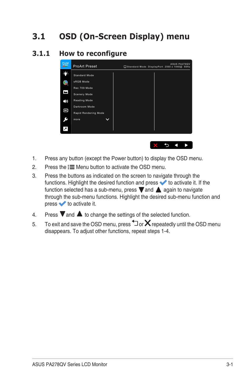 Chapter 3: general instructions, 1 osd (on-screen display) menu, 1 how to reconfigure | Chapter.3:.....general.instructions, Osd.(on-screen.display).menu -1, How to reconfigure -1 | Asus ProArt Display PA278QV 27" 16:9 Adaptive-Sync IPS Monitor User Manual | Page 19 / 33