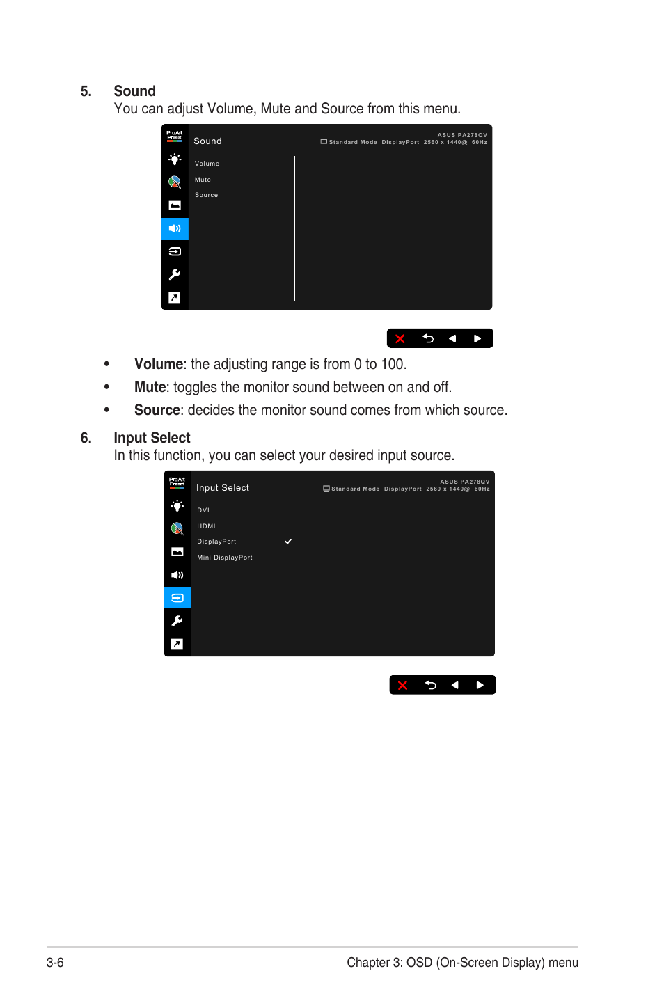 6 chapter 3: osd (on-screen display) menu | Asus ProArt Display PA278QV 27" 16:9 Adaptive-Sync IPS Monitor User Manual | Page 24 / 33