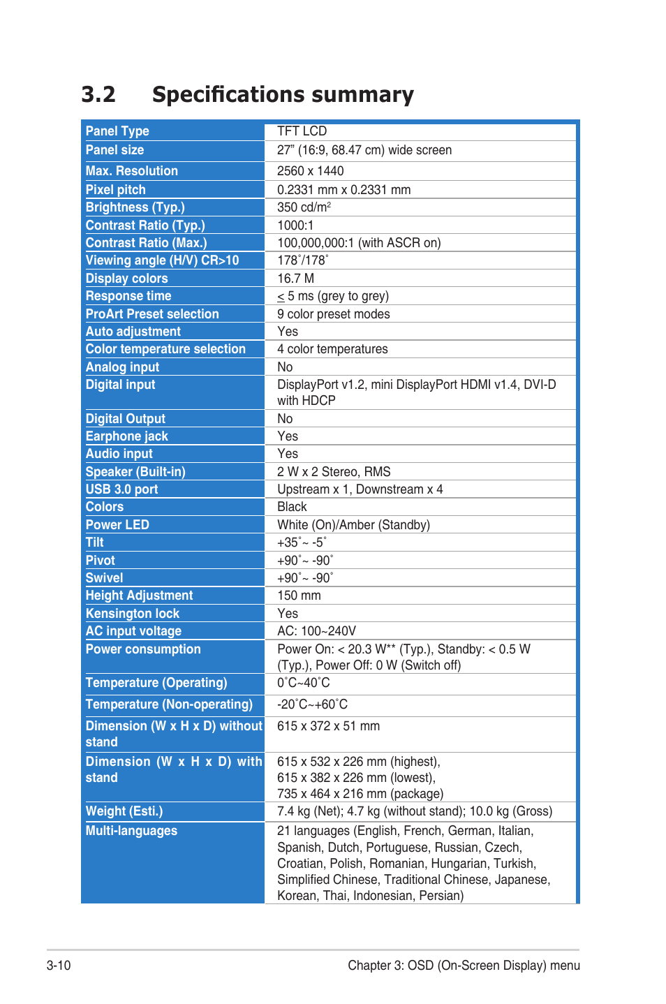 2 specifications summary, Specifications.summary -10 | Asus ProArt Display PA278QV 27" 16:9 Adaptive-Sync IPS Monitor User Manual | Page 28 / 33
