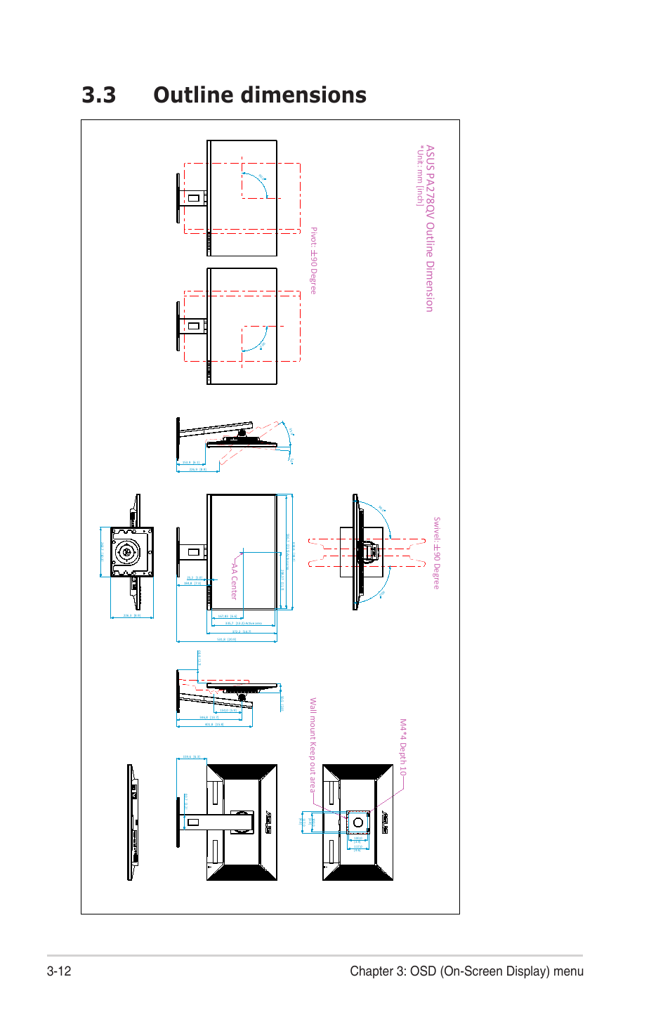 3 outline dimensions, Outline.dimensions -12, 12 chapter 3: osd (on-screen display) menu | Asus pa278qv outline dimension, Aa center | Asus ProArt Display PA278QV 27" 16:9 Adaptive-Sync IPS Monitor User Manual | Page 30 / 33
