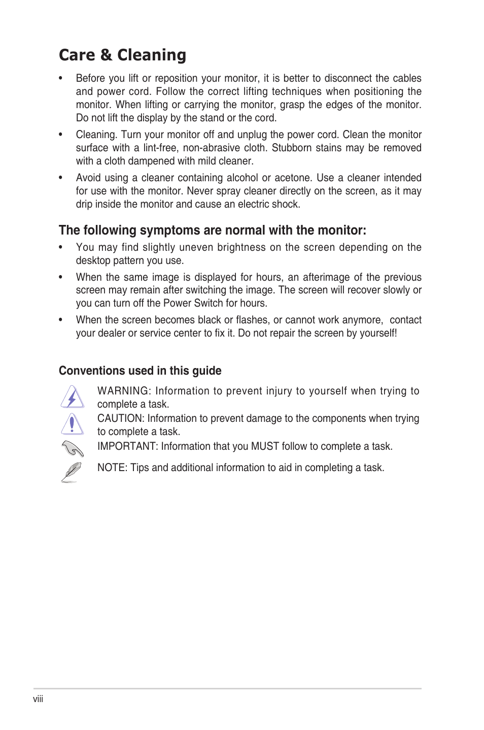 Care & cleaning, The.following.symptoms.are.normal.with.the.monitor | Asus ProArt Display PA278QV 27" 16:9 Adaptive-Sync IPS Monitor User Manual | Page 8 / 33
