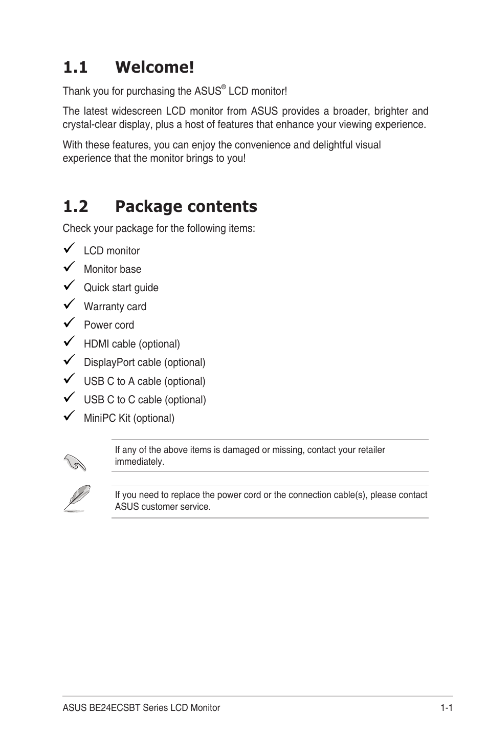 Chapter 1: product introduction, 1 welcome, 2 package contents | Welcome! -1, Package contents -1 | Asus BE24ECSBT 23.8" Multi-Touch Monitor User Manual | Page 11 / 35