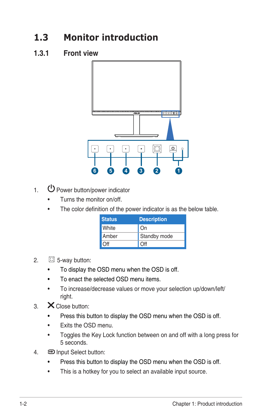 3 monitor introduction, 1 front view, Monitor introduction | Front view -2 | Asus BE24ECSBT 23.8" Multi-Touch Monitor User Manual | Page 12 / 35