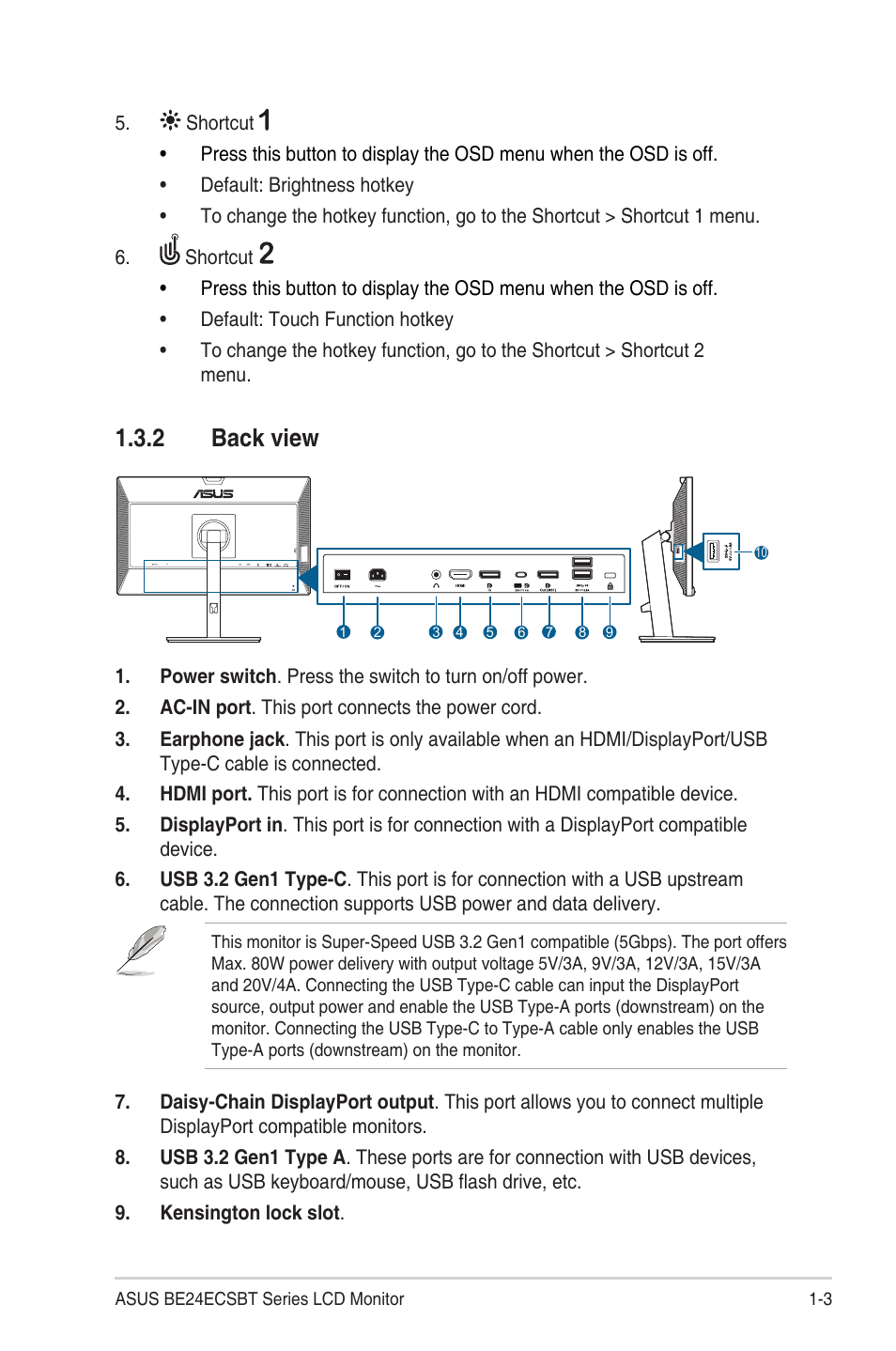 2 back view, Back view -3 | Asus BE24ECSBT 23.8" Multi-Touch Monitor User Manual | Page 13 / 35