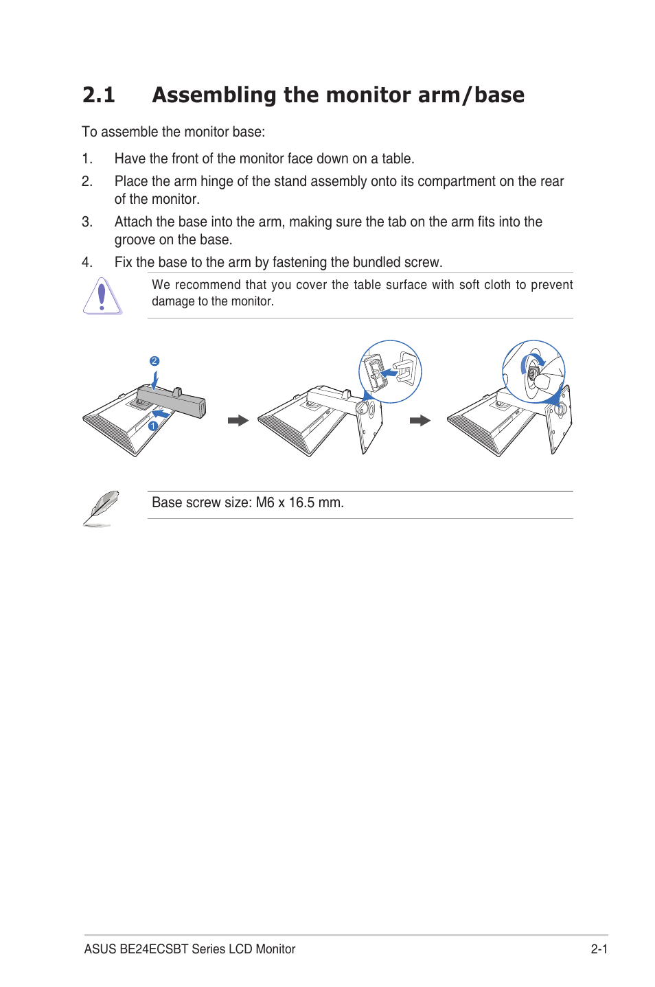 Chapter 2: setup, 1 assembling the monitor arm/base, Assembling the monitor arm/base -1 | Asus BE24ECSBT 23.8" Multi-Touch Monitor User Manual | Page 15 / 35