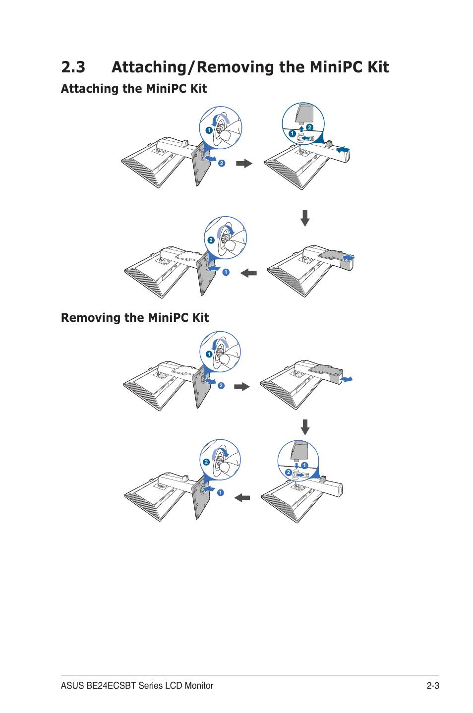 3 attaching/removing the minipc kit, Attaching/removing the minipc kit -3, Attaching the minipc kit | Removing the minipc kit, 3 asus be24ecsbt series lcd monitor | Asus BE24ECSBT 23.8" Multi-Touch Monitor User Manual | Page 17 / 35