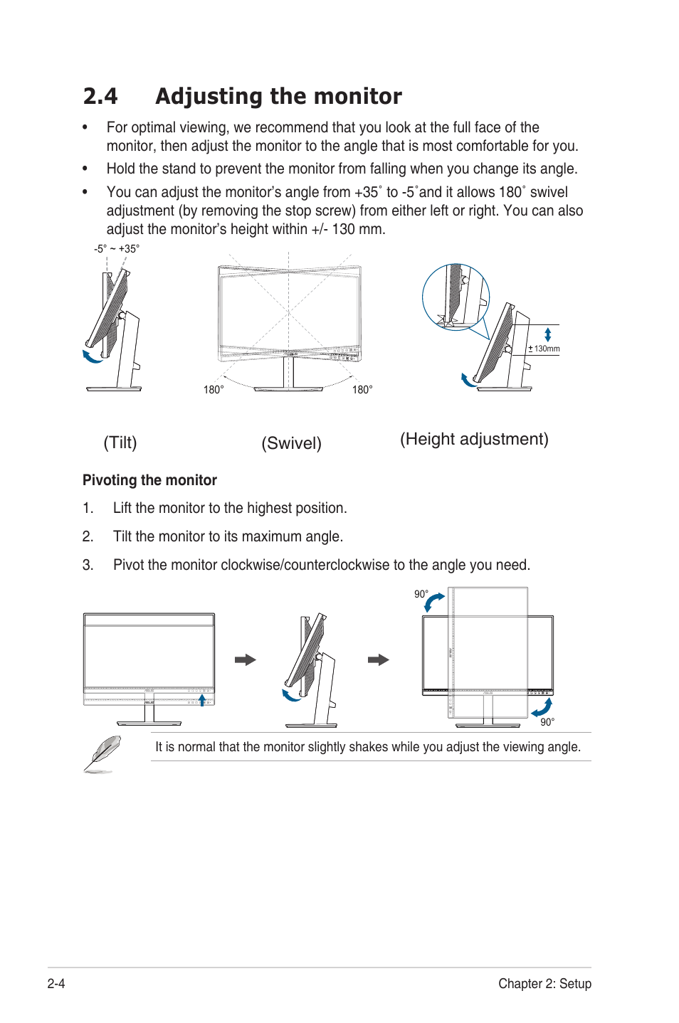 4 adjusting the monitor, Adjusting the monitor, Swivel) (height adjustment) (tilt) | Asus BE24ECSBT 23.8" Multi-Touch Monitor User Manual | Page 18 / 35