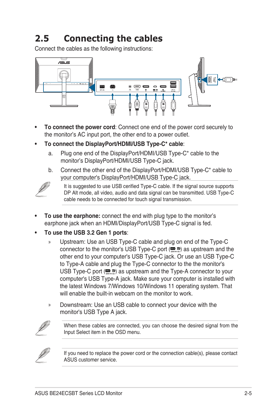 5 connecting the cables, Connecting the cables -5 | Asus BE24ECSBT 23.8" Multi-Touch Monitor User Manual | Page 19 / 35