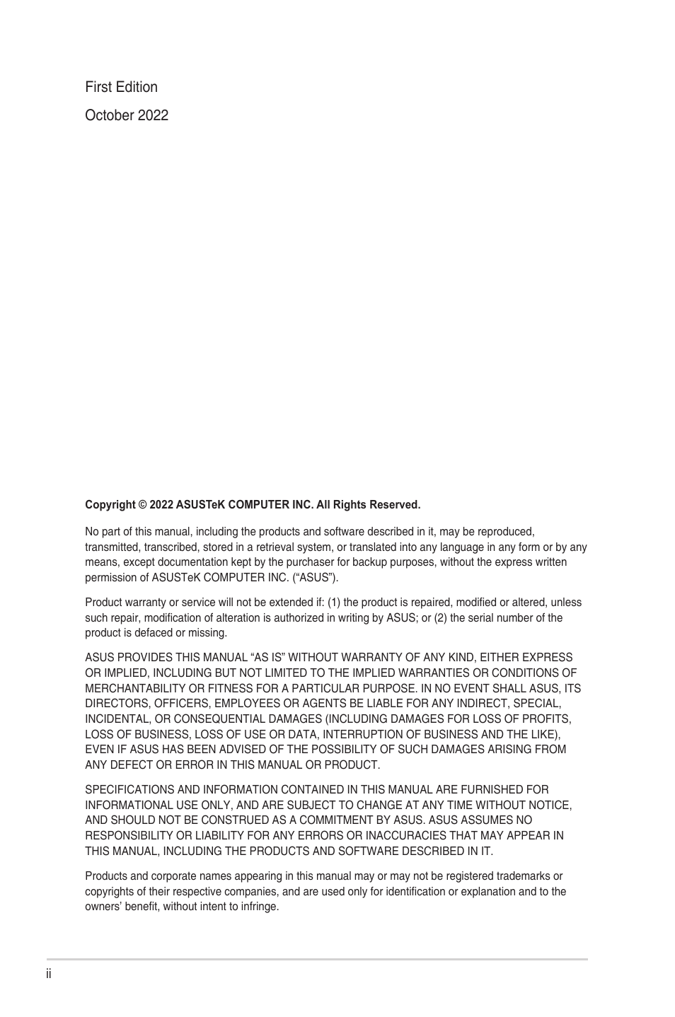 First edition october 2022 | Asus BE24ECSBT 23.8" Multi-Touch Monitor User Manual | Page 2 / 35
