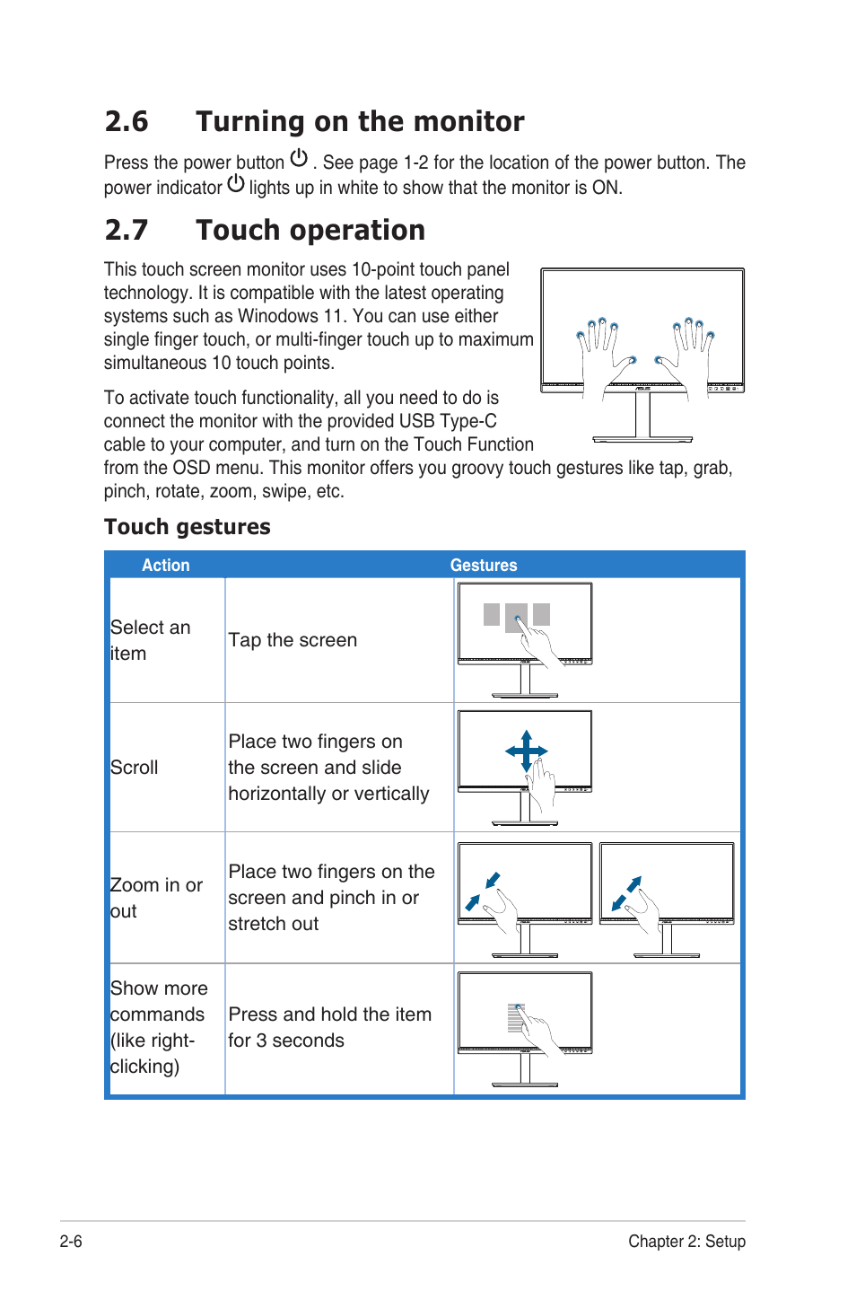 6 turning on the monitor, 7 touch operation, Turning on the monitor | Touch operation | Asus BE24ECSBT 23.8" Multi-Touch Monitor User Manual | Page 20 / 35