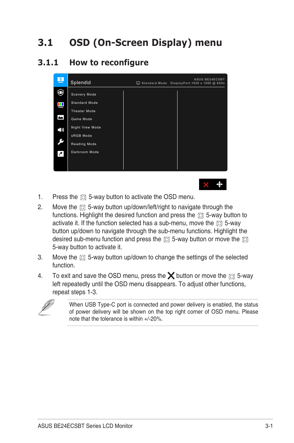 Chapter 3: general instructions, 1 osd (on-screen display) menu, 1 how to reconfigure | Osd (on-screen display) menu, How to reconfigure | Asus BE24ECSBT 23.8" Multi-Touch Monitor User Manual | Page 21 / 35