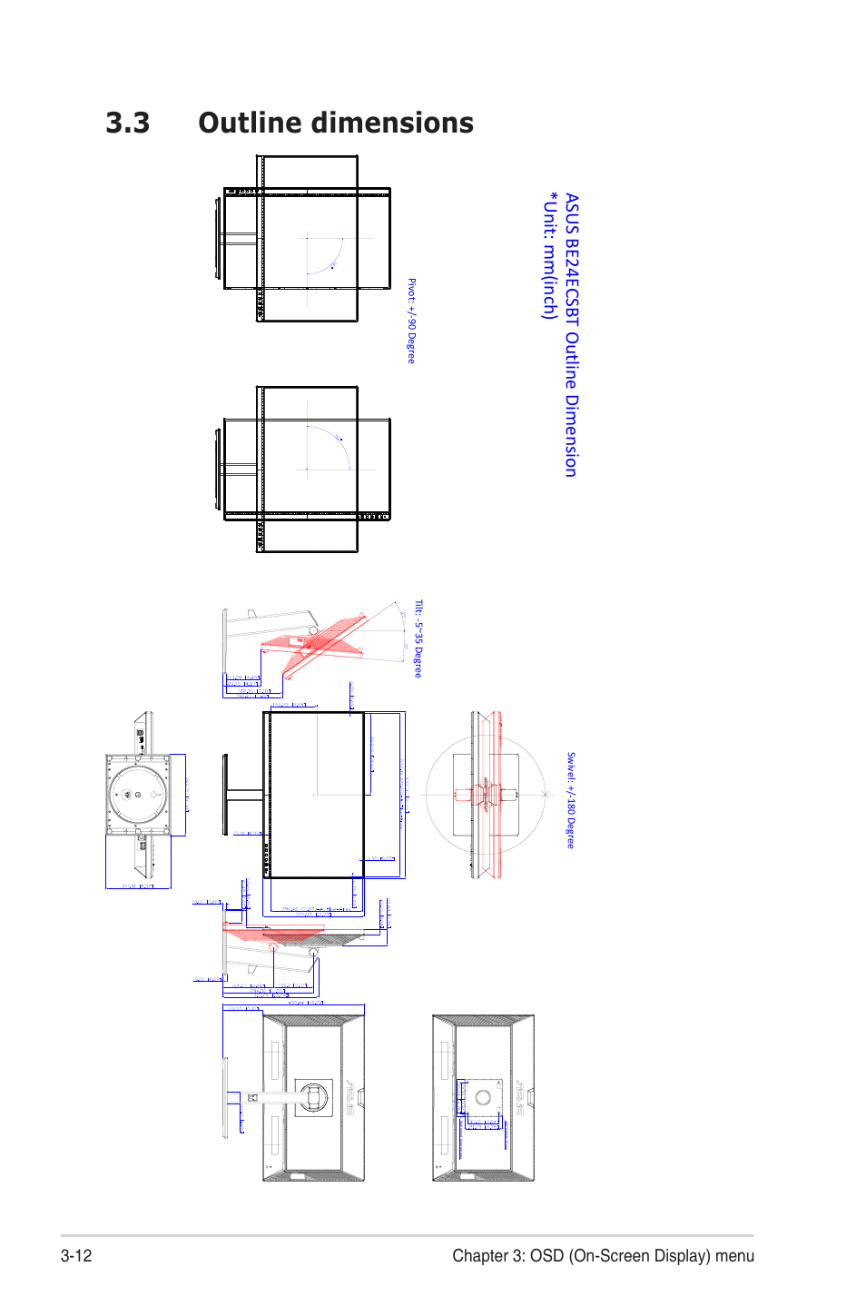 3 outline dimensions, Outline dimensions, Asus be2 4ecsbt outline dimension *unit: mm(inch) | 12 chapter 3: osd (on-screen display) menu | Asus BE24ECSBT 23.8" Multi-Touch Monitor User Manual | Page 32 / 35