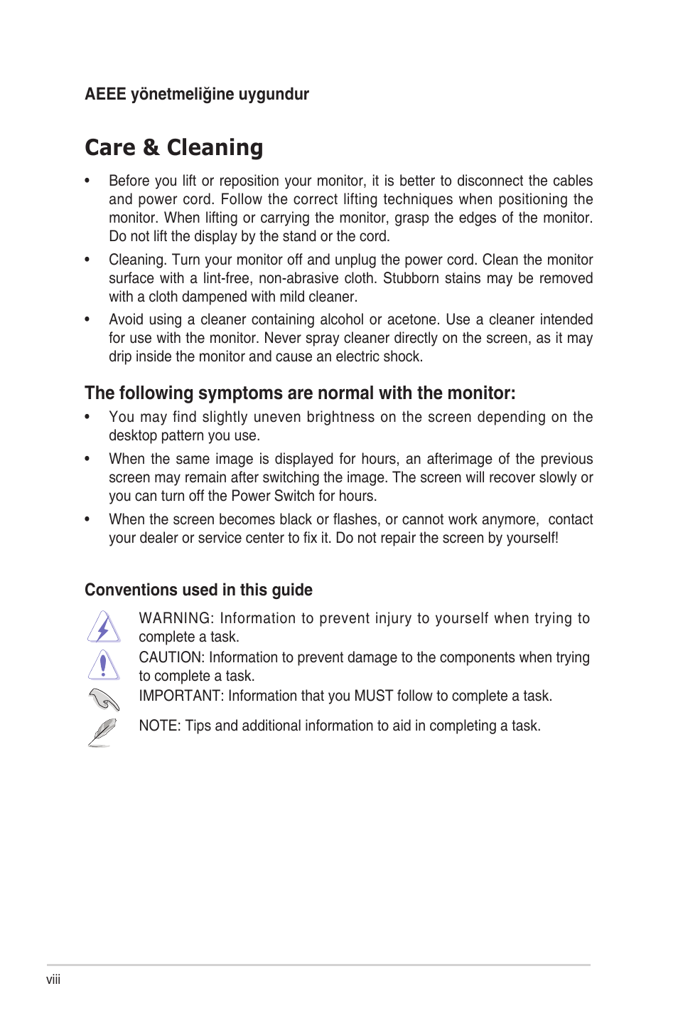 Care & cleaning, The following symptoms are normal with the monitor | Asus BE24ECSBT 23.8" Multi-Touch Monitor User Manual | Page 8 / 35