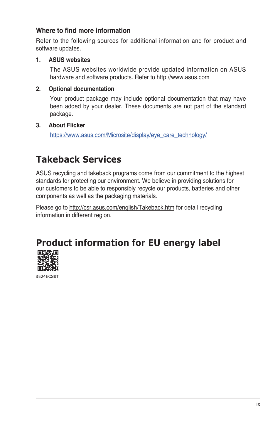 Takeback services, Product information for eu energy label | Asus BE24ECSBT 23.8" Multi-Touch Monitor User Manual | Page 9 / 35