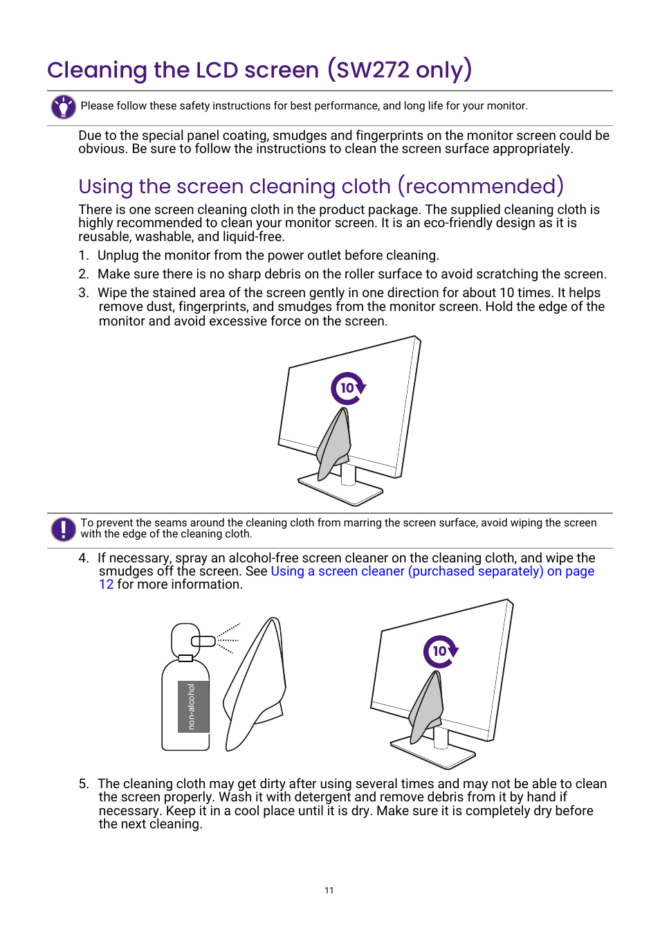 Cleaning the lcd screen (sw272 only), Using the screen cleaning cloth (recommended) | BenQ PhotoVue SW272U 27" 4K HDR Monitor User Manual | Page 11 / 70