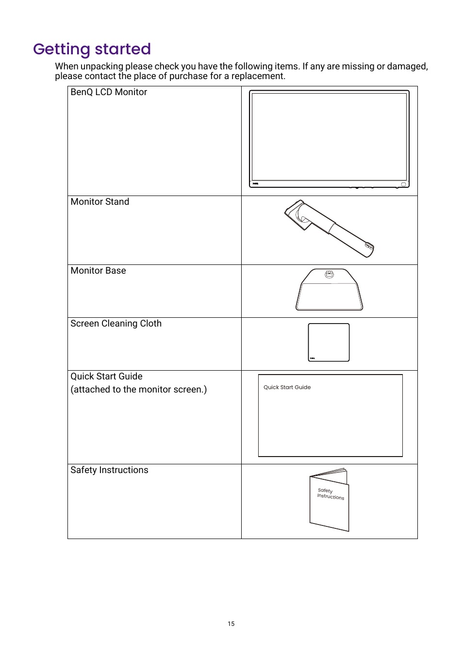 Getting started | BenQ PhotoVue SW272U 27" 4K HDR Monitor User Manual | Page 15 / 70