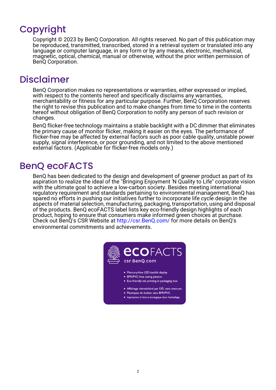 Copyright, Disclaimer, Benq ecofacts | BenQ PhotoVue SW272U 27" 4K HDR Monitor User Manual | Page 2 / 70