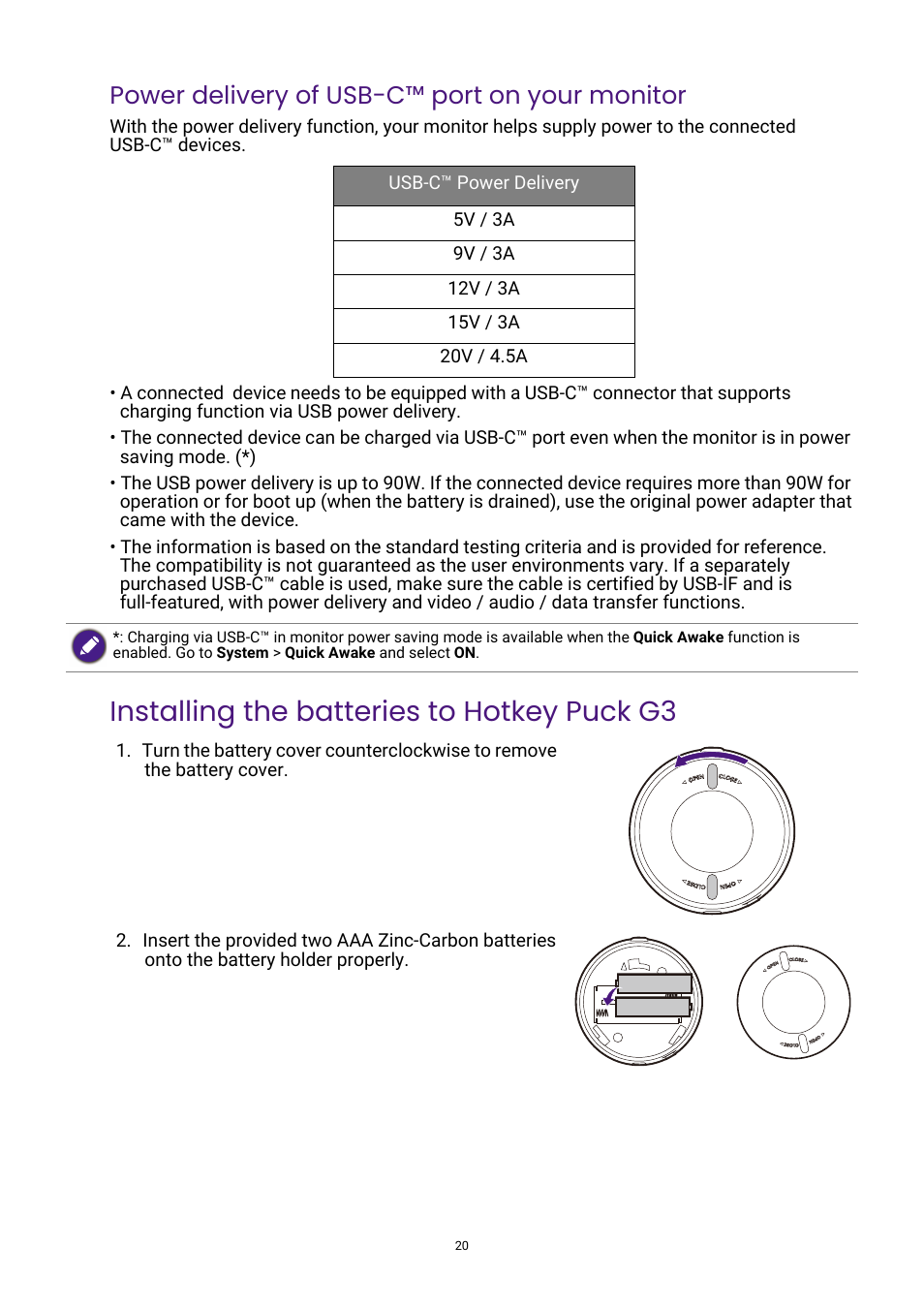 Installing the batteries to hotkey puck g3, Power delivery of usb-c™ port on your monitor | BenQ PhotoVue SW272U 27" 4K HDR Monitor User Manual | Page 20 / 70