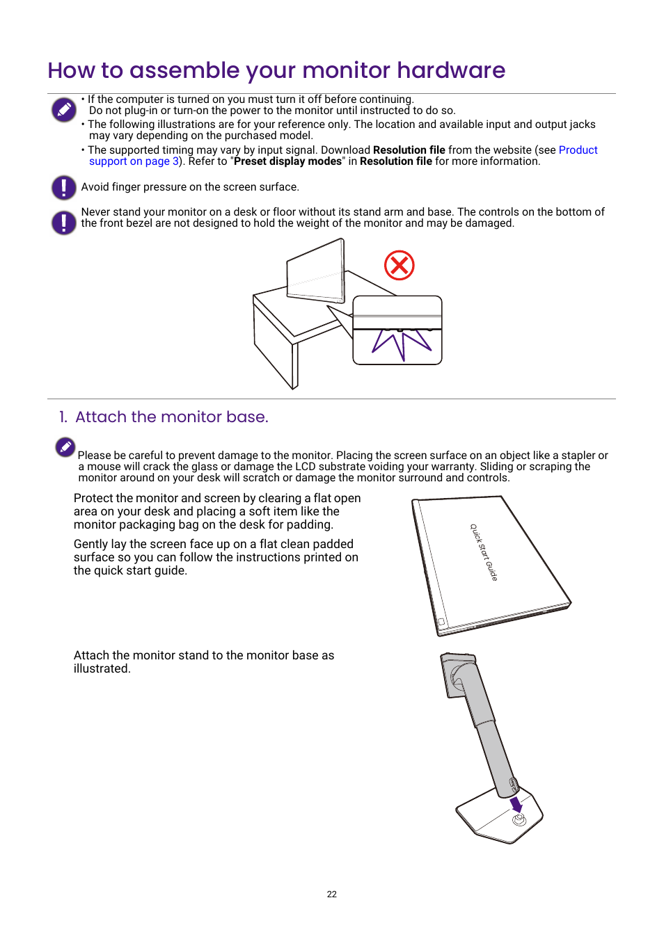 How to assemble your monitor hardware, Attach the monitor base | BenQ PhotoVue SW272U 27" 4K HDR Monitor User Manual | Page 22 / 70