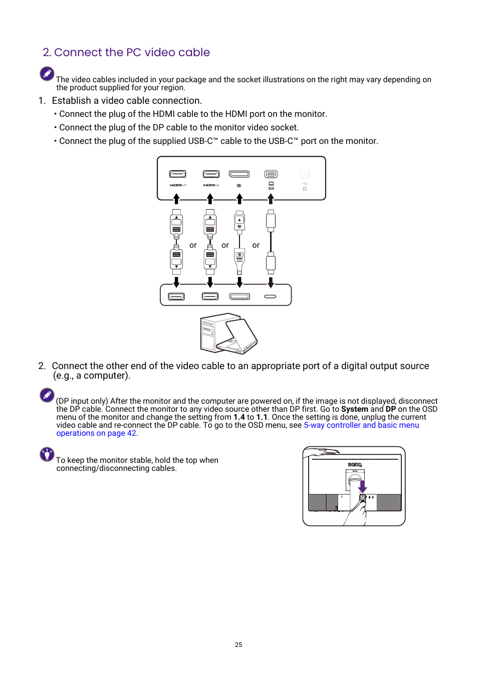 Connect the pc video cable | BenQ PhotoVue SW272U 27" 4K HDR Monitor User Manual | Page 25 / 70