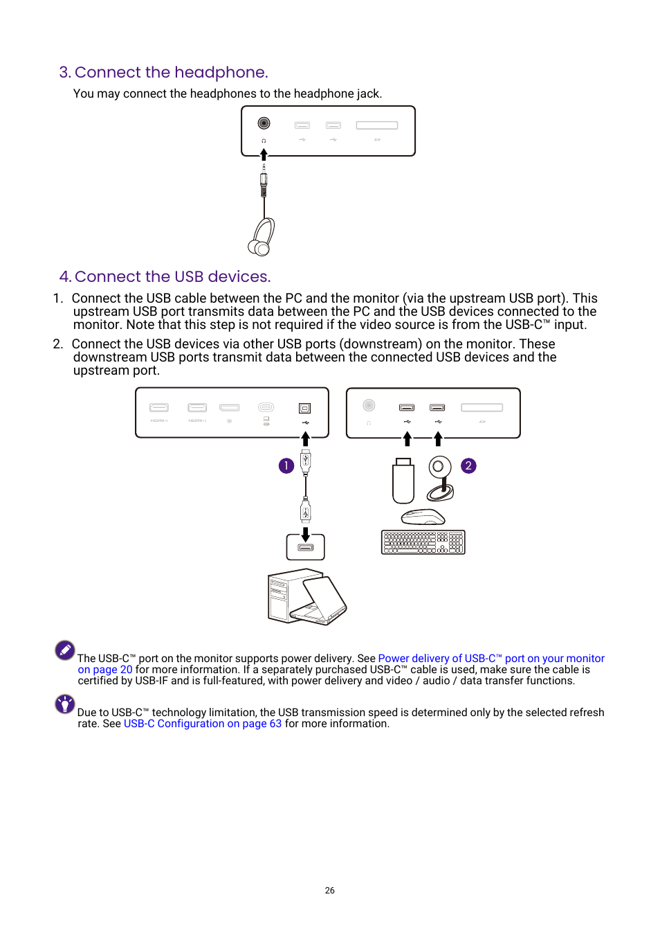 Connect the headphone, Connect the usb devices | BenQ PhotoVue SW272U 27" 4K HDR Monitor User Manual | Page 26 / 70