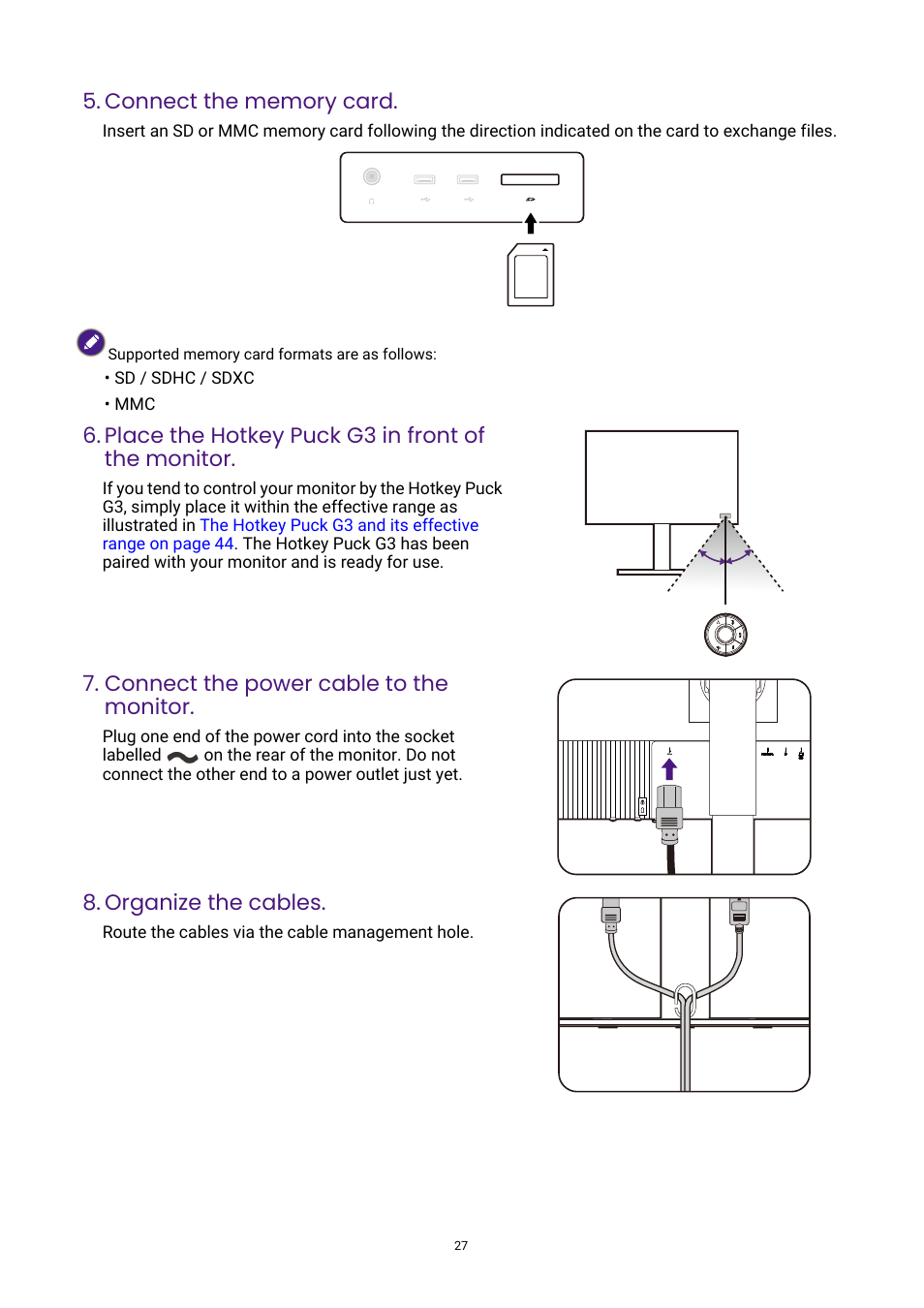 Place the hotkey puck g3 in front of the monitor, Connect the power cable to the monitor, Organize the cables | BenQ PhotoVue SW272U 27" 4K HDR Monitor User Manual | Page 27 / 70