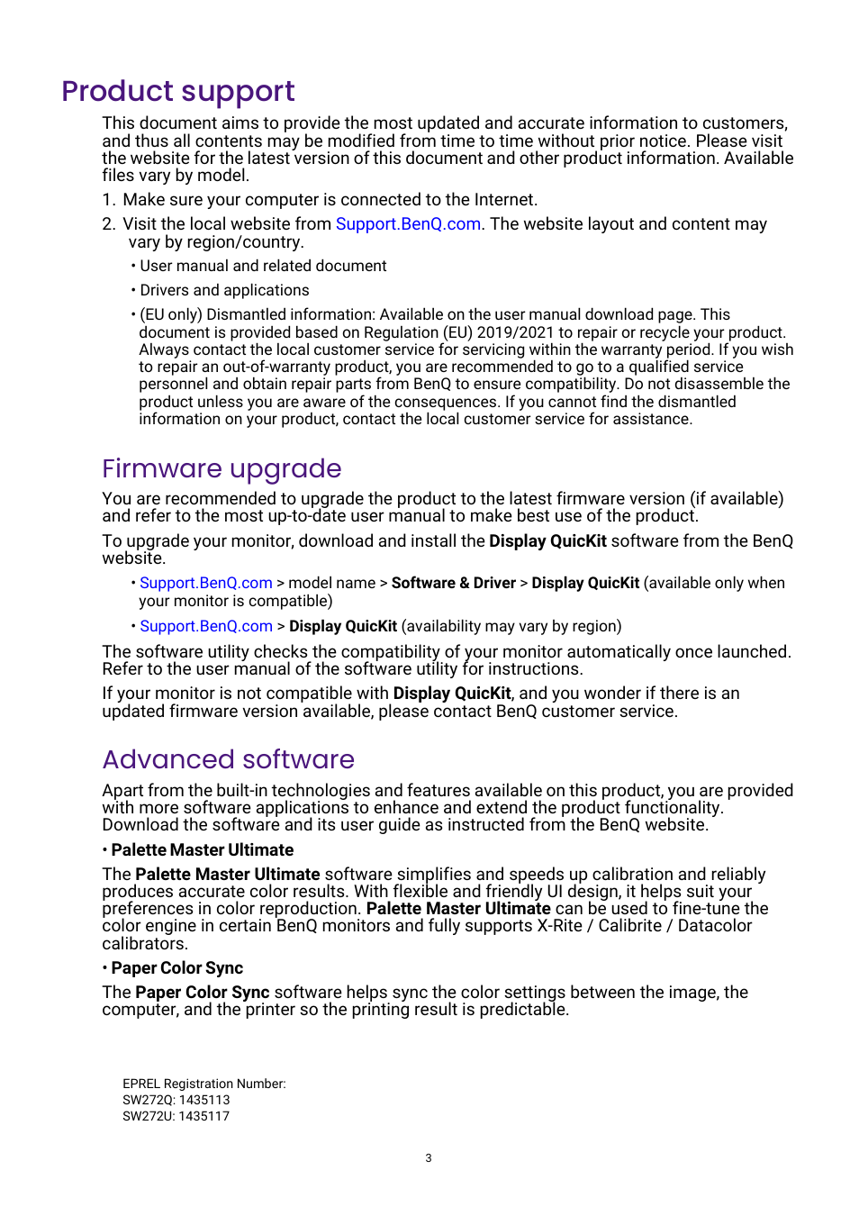 Product support, Firmware upgrade, Advanced software | BenQ PhotoVue SW272U 27" 4K HDR Monitor User Manual | Page 3 / 70