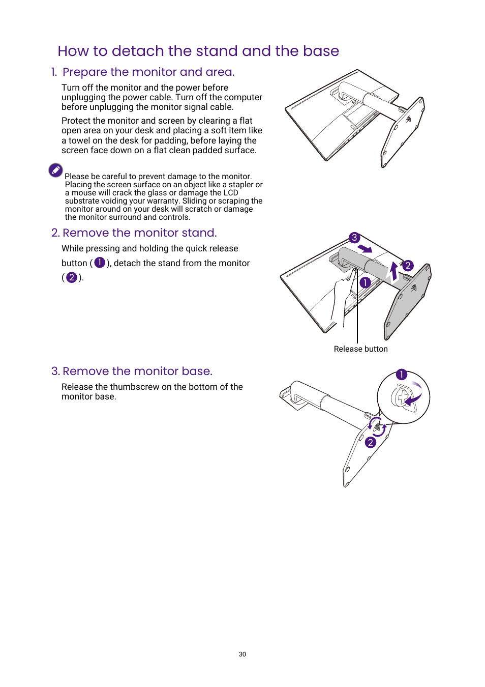 How to detach the stand and the base, Prepare the monitor and area, Remove the monitor stand | Remove the monitor base | BenQ PhotoVue SW272U 27" 4K HDR Monitor User Manual | Page 30 / 70