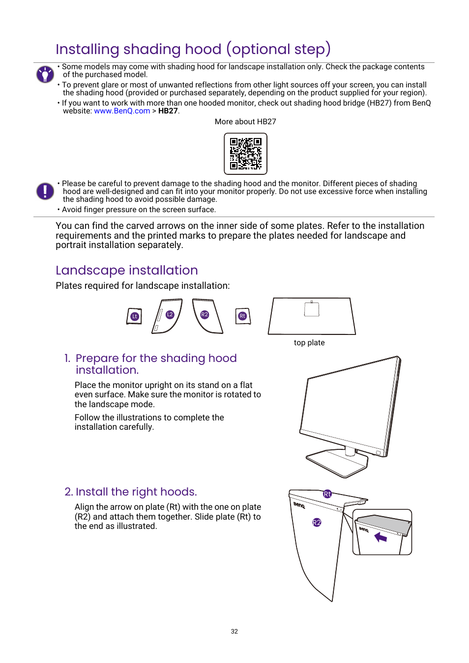 Installing shading hood (optional step), Landscape installation, Prepare for the shading hood installation | Install the right hoods | BenQ PhotoVue SW272U 27" 4K HDR Monitor User Manual | Page 32 / 70