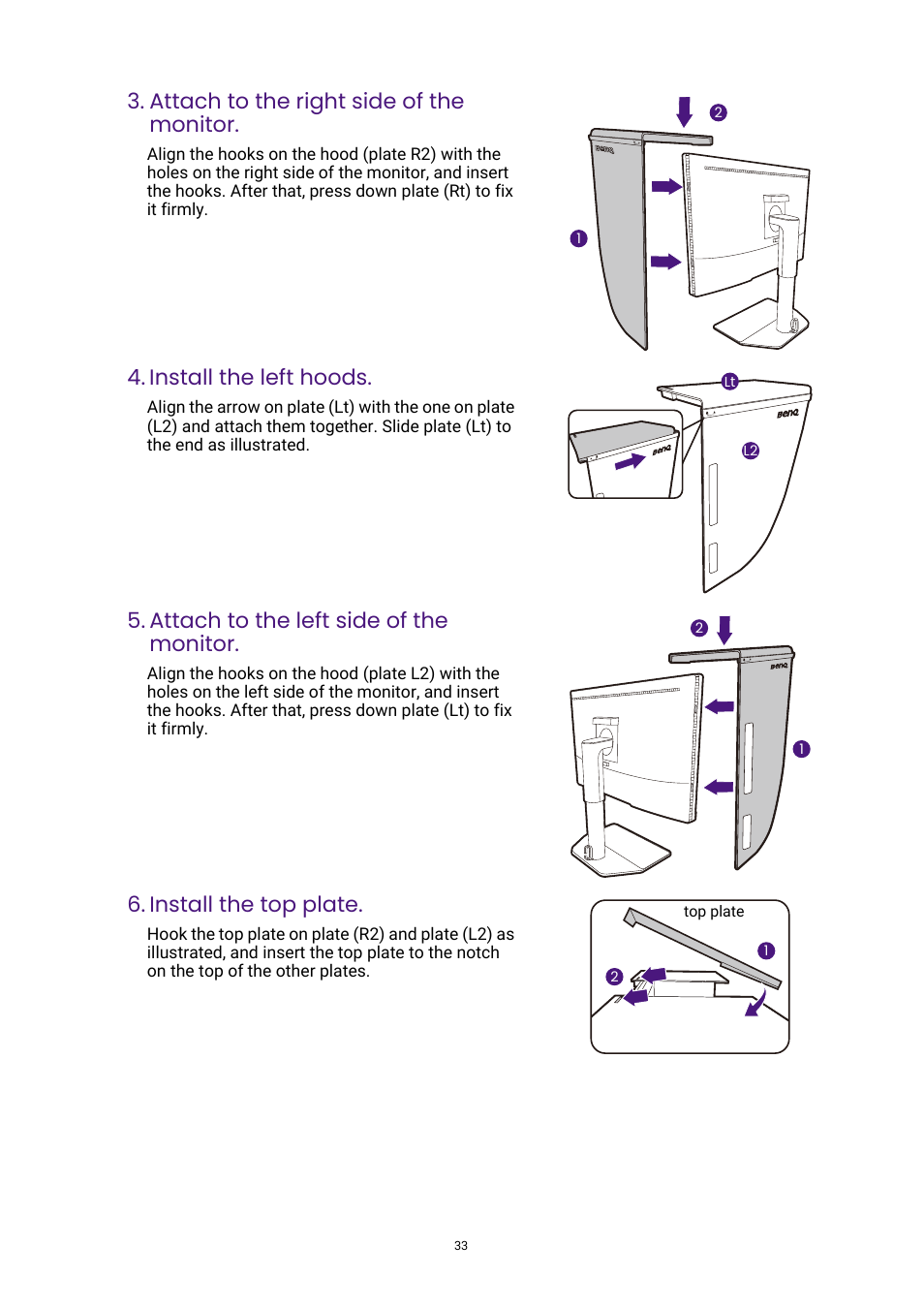 Attach to the right side of the monitor, Install the left hoods, Attach to the left side of the monitor | Install the top plate | BenQ PhotoVue SW272U 27" 4K HDR Monitor User Manual | Page 33 / 70